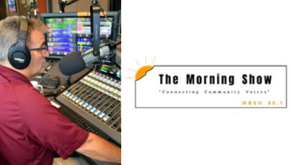 Clint Corpe in front of a sound board next to The Morning Show logo.