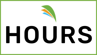 The title "Hours" with the green, gold, and blue book logo