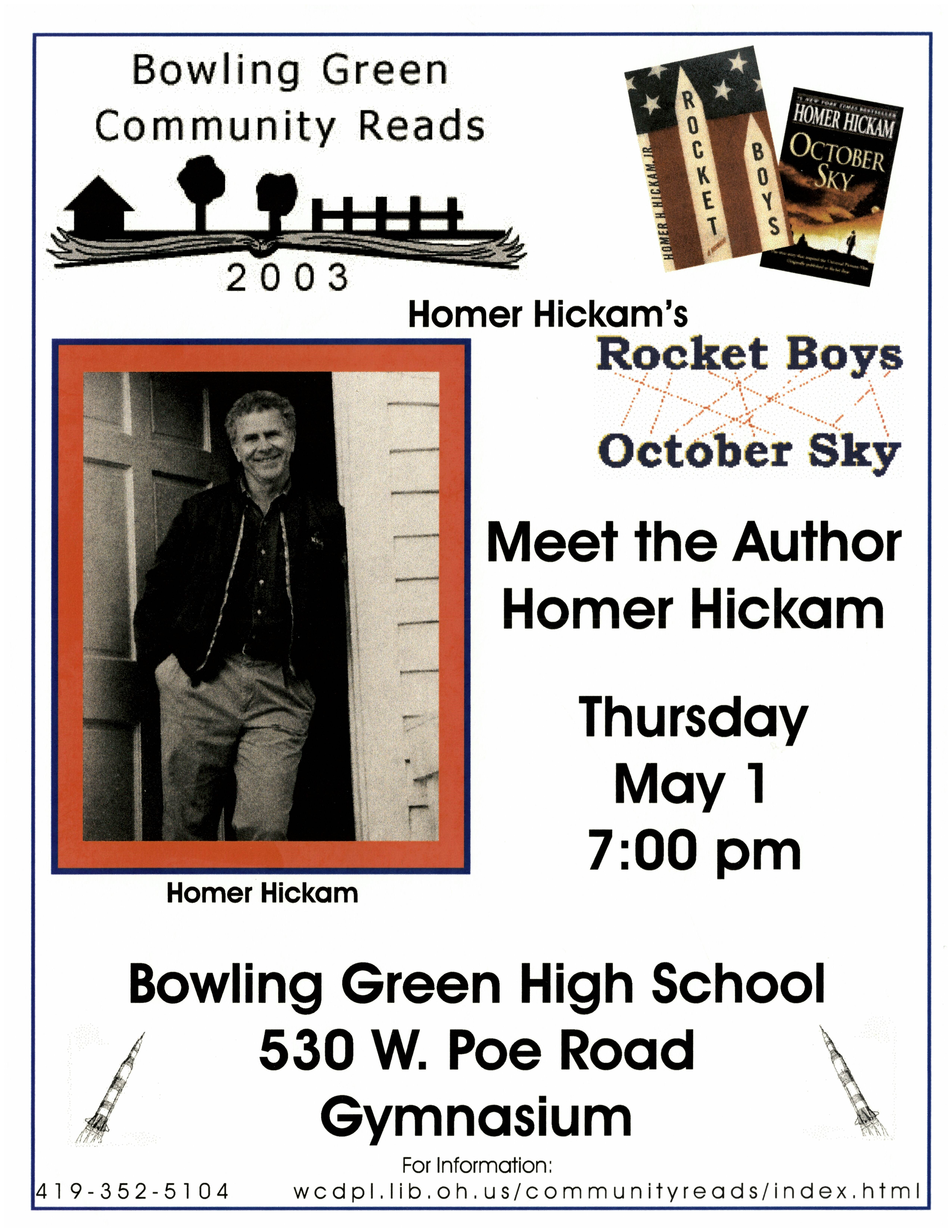 A flyer for a meet the author event with Homer Hickam.