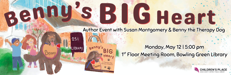 A watercolor background with an illustration of the library and Benny the dog.