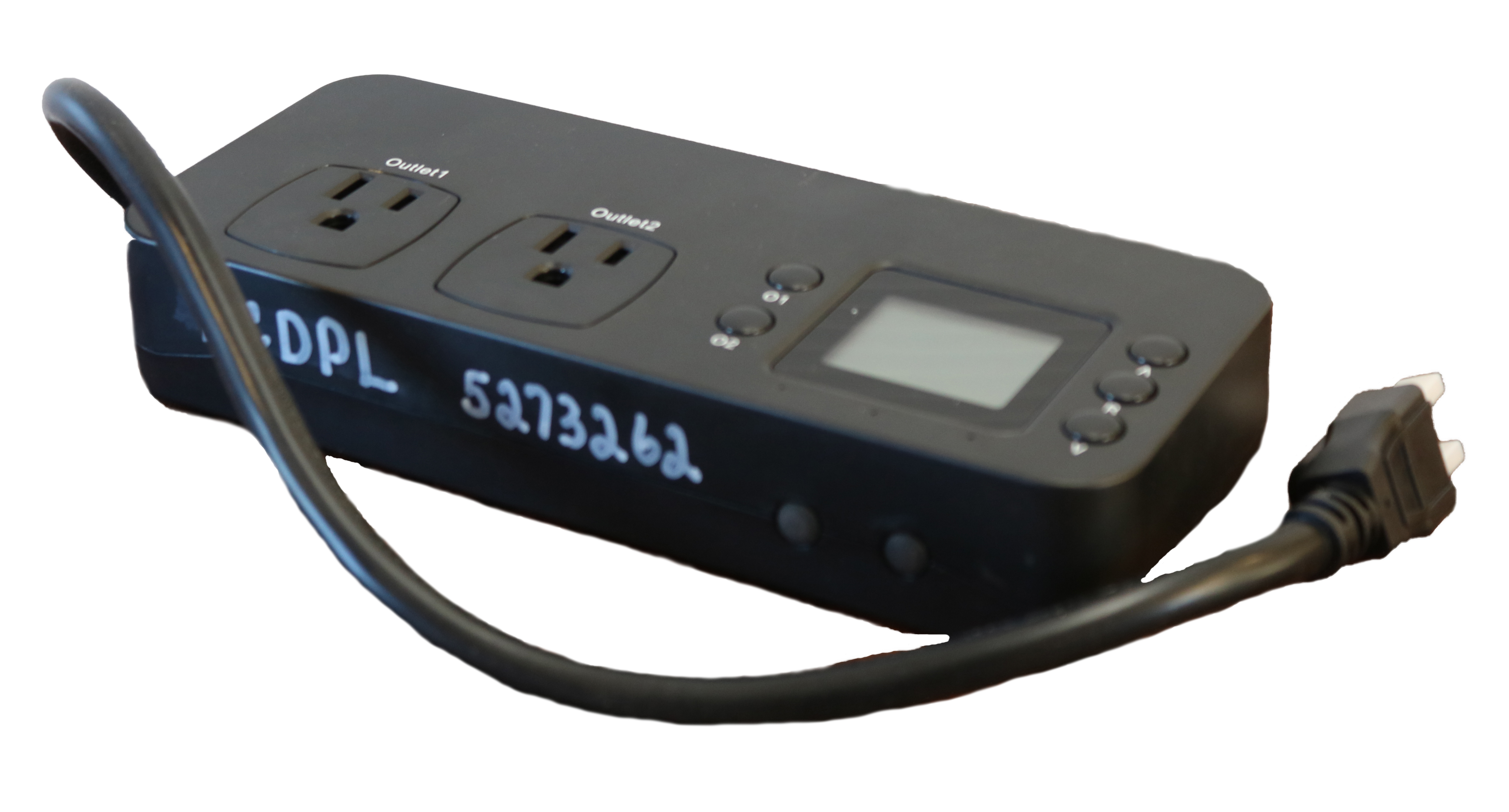 A black electricity usage monitor with two plug spaces