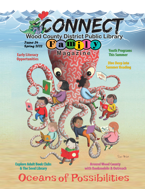 A colorful octopus holding reading children,