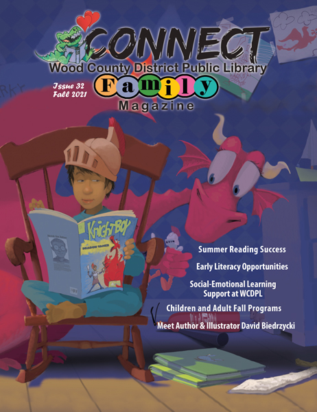 The 2021 Connect Fall edition cover: an illustration of a dragon and a boy reading