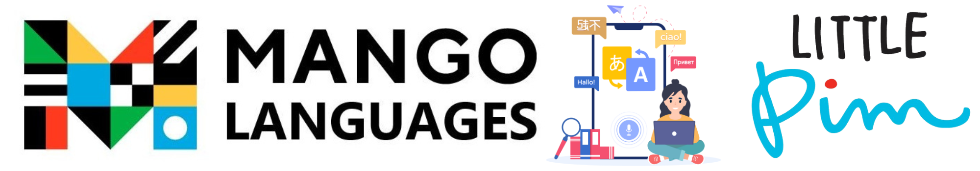 The colorful Mango Languages logo and a variety of languages surrounding a smartphone.