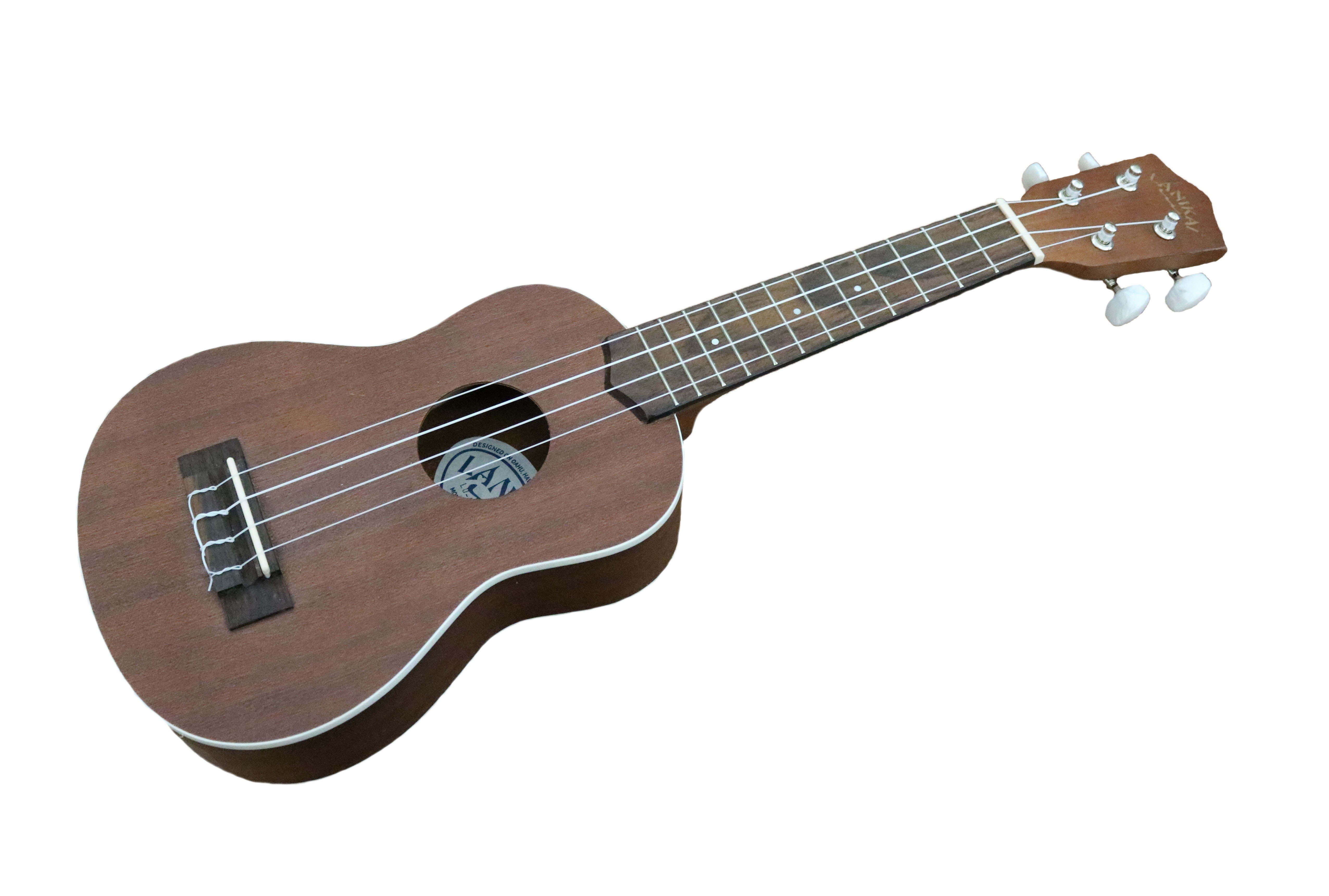 A dark wooden ukulele.