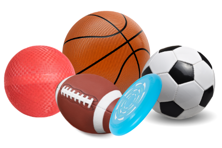 Sports equipment like a football, basketball, and kickball.