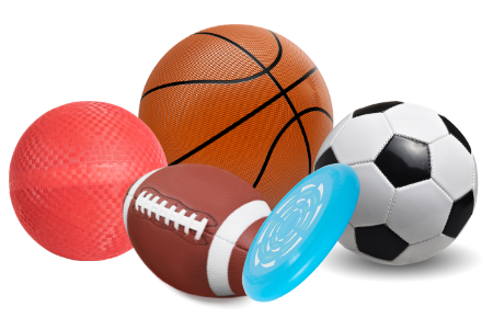 A basketball, soccer ball, football, kick ball, and frisbee