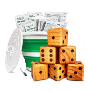 A green bucket with wooden dice blocks.