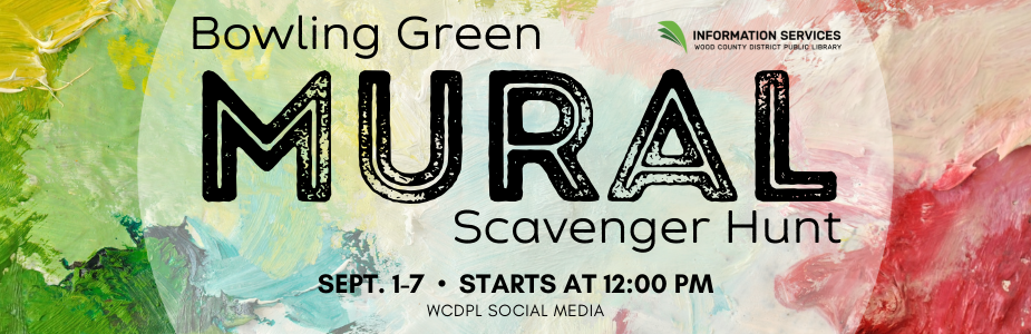 A mix of red and green paint with the title "Bowling Green Mural Scavenger Hunt"