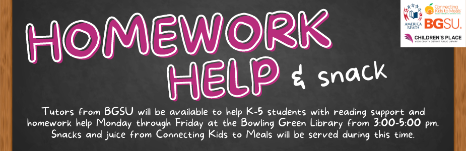 Homework Help is weekdays from 3:00 to 5:00 pm in the Children's Place.