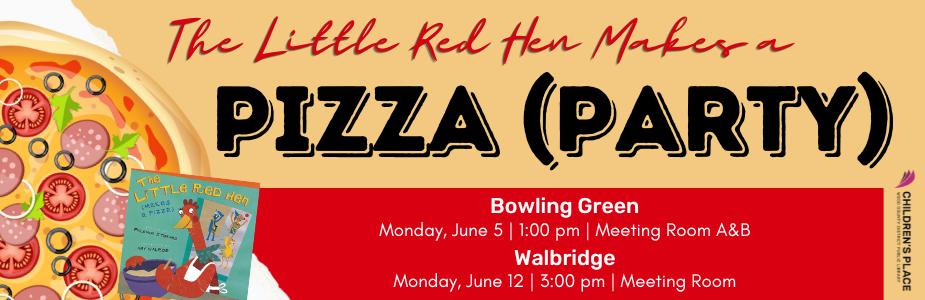 Eat pizza and read with your library friends on Monday, June 5 at 1:00 pm.