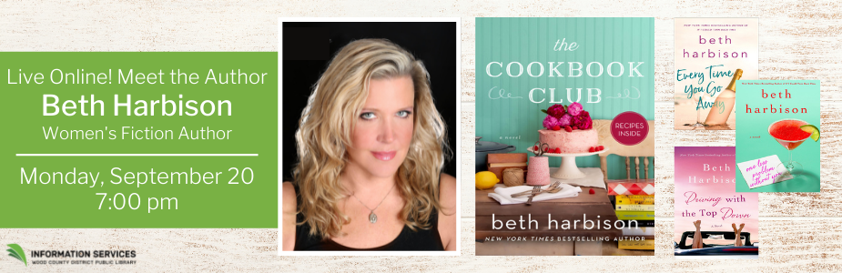 A photo of Beth Harbison, author, and a few of her books, including "The Cookbook Club"