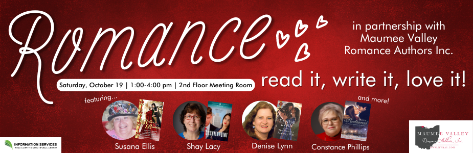 Read, write, and love romance novels on Saturday, October 19 from 1:00 to 4:00 pm.