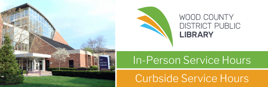 Photo of the BG Main Branch library with buttons for in-person service and curbside service hours